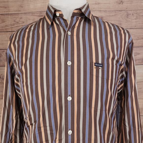 FACONNABLE CLUB STRIPED 100% COTTON BUTTON DOWN SHIRT MENS SIZE L LARGE BROWN - Picture 1 of 6